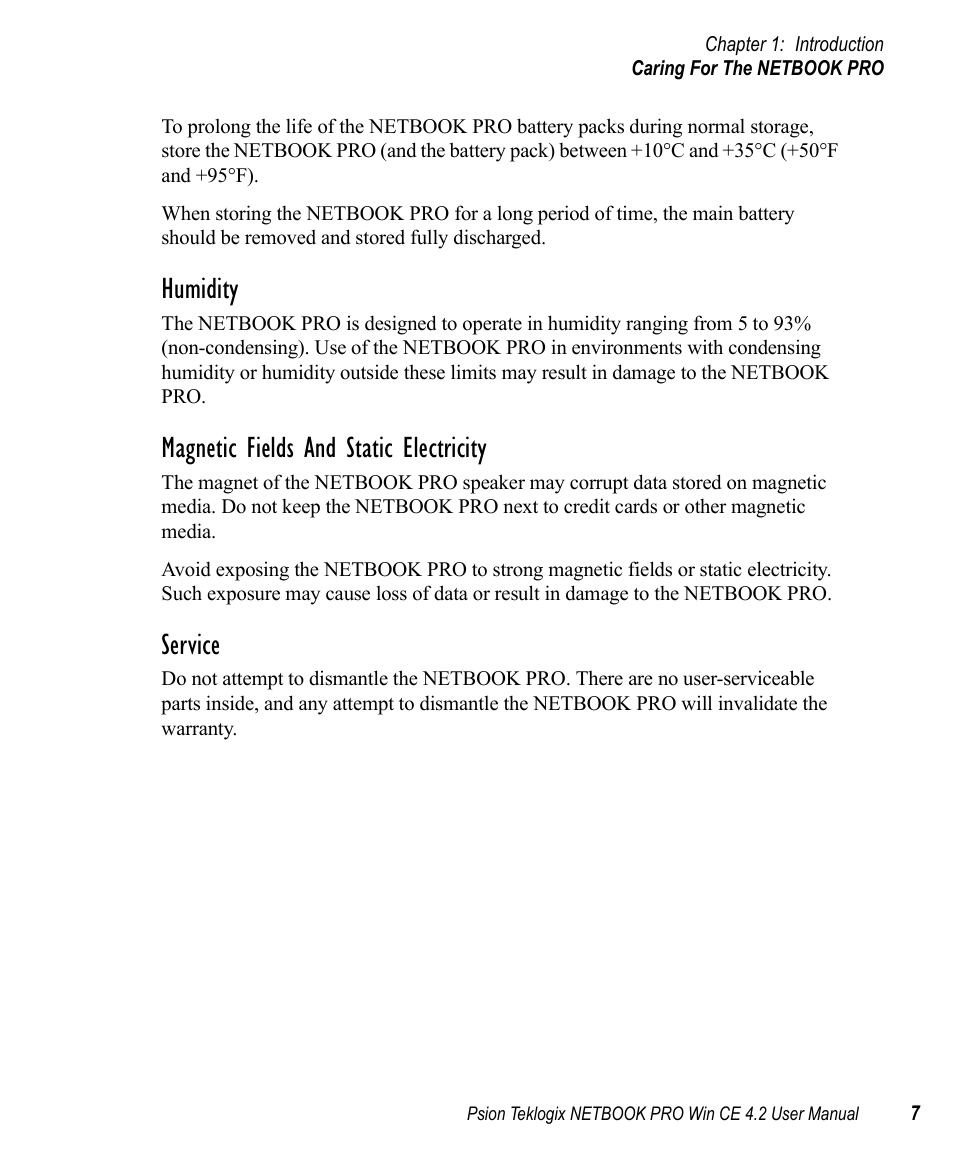 Humidity, Magnetic fields and static electricity, Service | Psion Teklogix Win CE 4.2 User Manual | Page 25 / 152