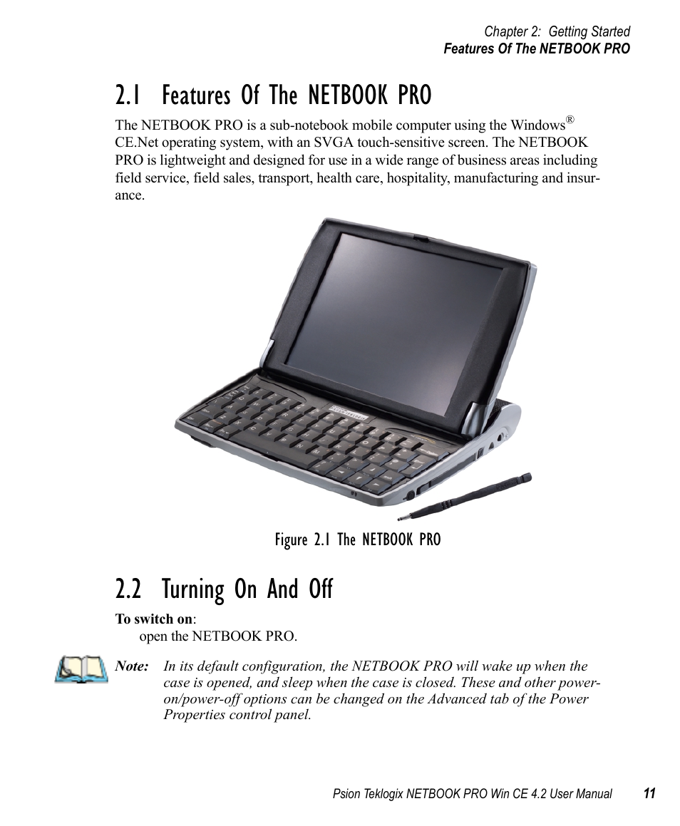 1 features of the netbook pro, 2 turning on and off, Features of the netbook pro | Turning on and off, Figure 2.1 the netbook pro | Psion Teklogix Win CE 4.2 User Manual | Page 29 / 152