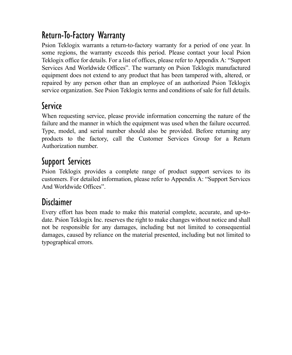 Return-to-factory warranty, Service, Support services | Disclaimer | Psion Teklogix Win CE 4.2 User Manual | Page 3 / 152