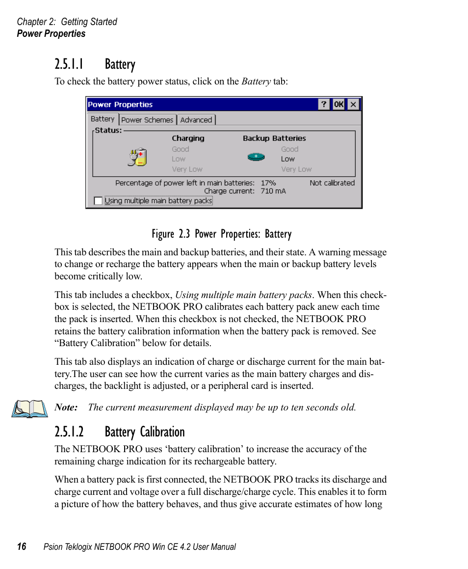 1 battery, 2 battery calibration, 1 battery 2.5.1.2 battery calibration | Psion Teklogix Win CE 4.2 User Manual | Page 34 / 152