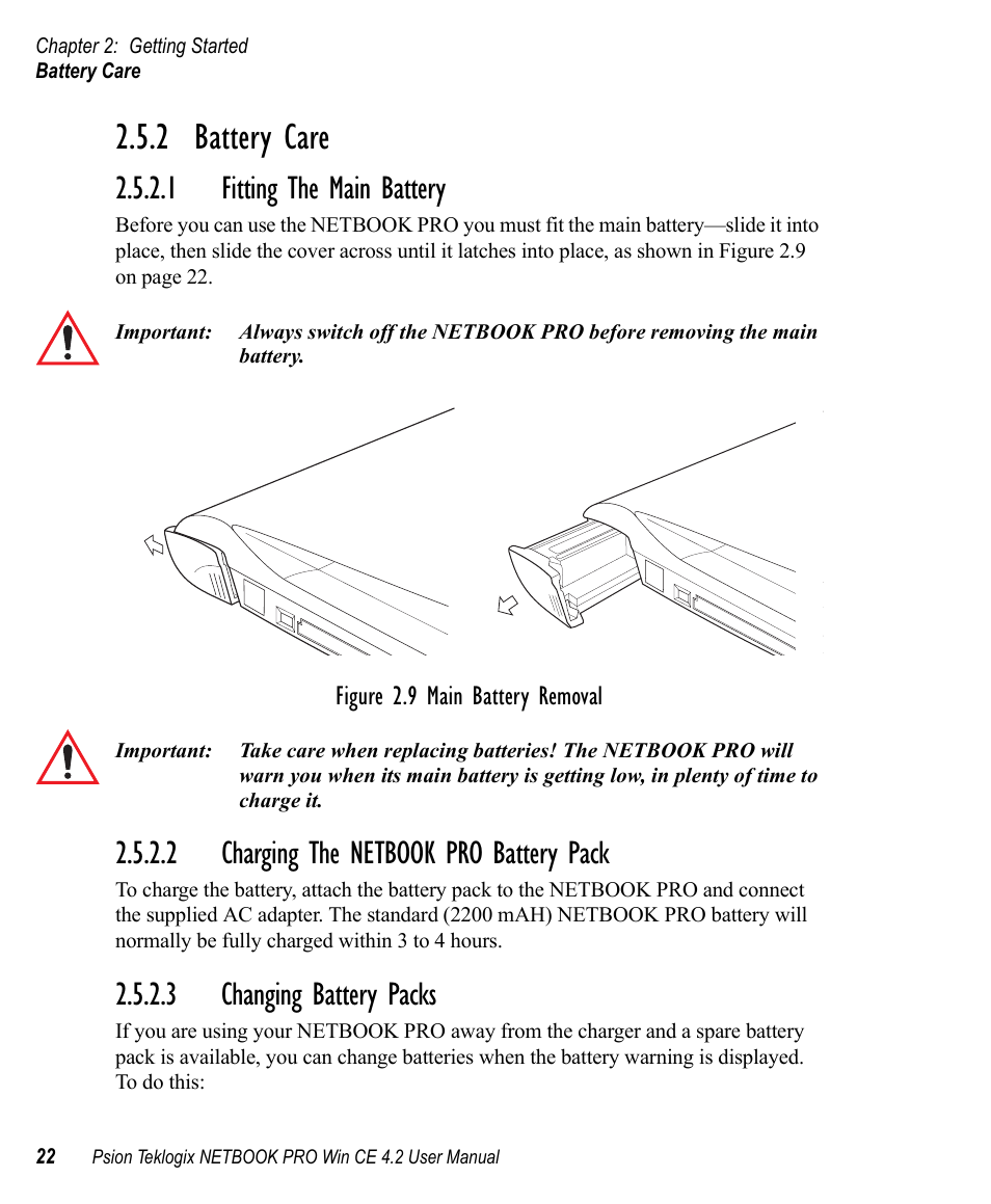 2 battery care, 1 fitting the main battery, 2 charging the netbook pro battery pack | 3 changing battery packs, Battery care | Psion Teklogix Win CE 4.2 User Manual | Page 40 / 152