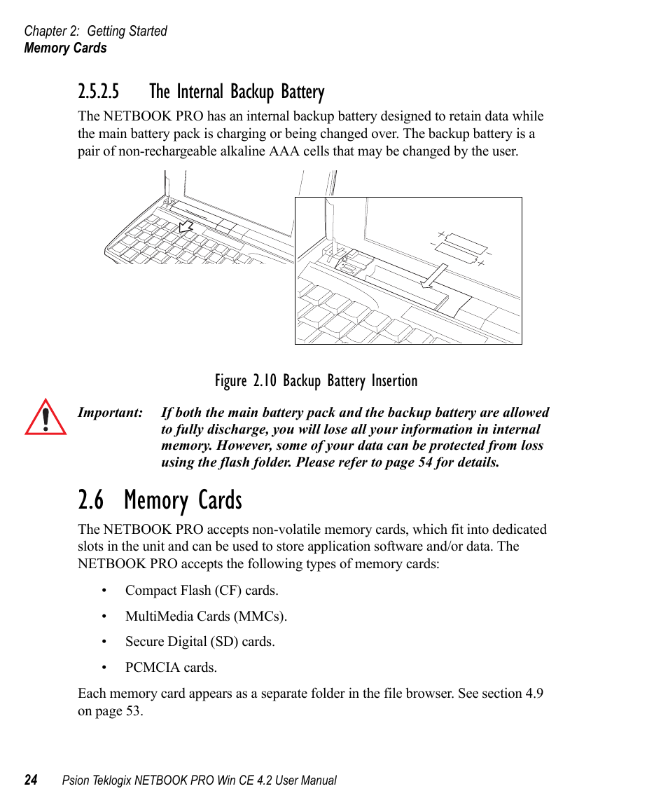 5 the internal backup battery, 6 memory cards, Memory cards | Figure 2.10 backup battery insertion | Psion Teklogix Win CE 4.2 User Manual | Page 42 / 152