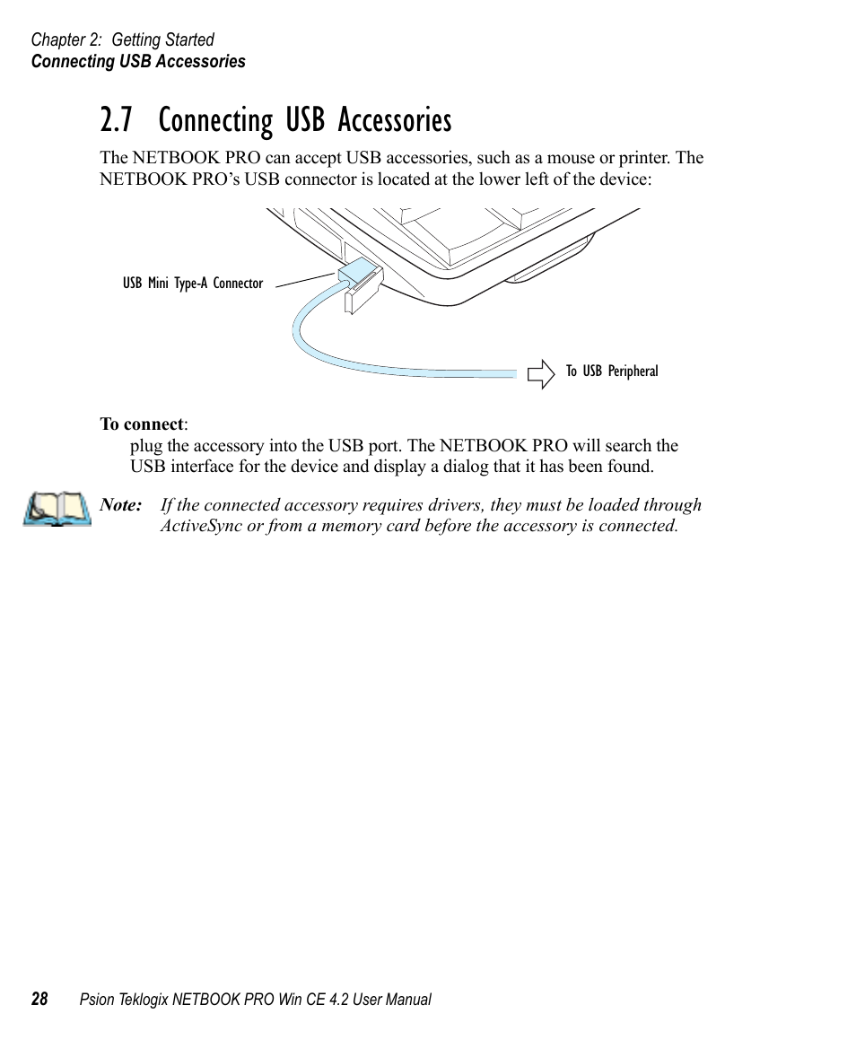 7 connecting usb accessories, Connecting usb accessories | Psion Teklogix Win CE 4.2 User Manual | Page 46 / 152