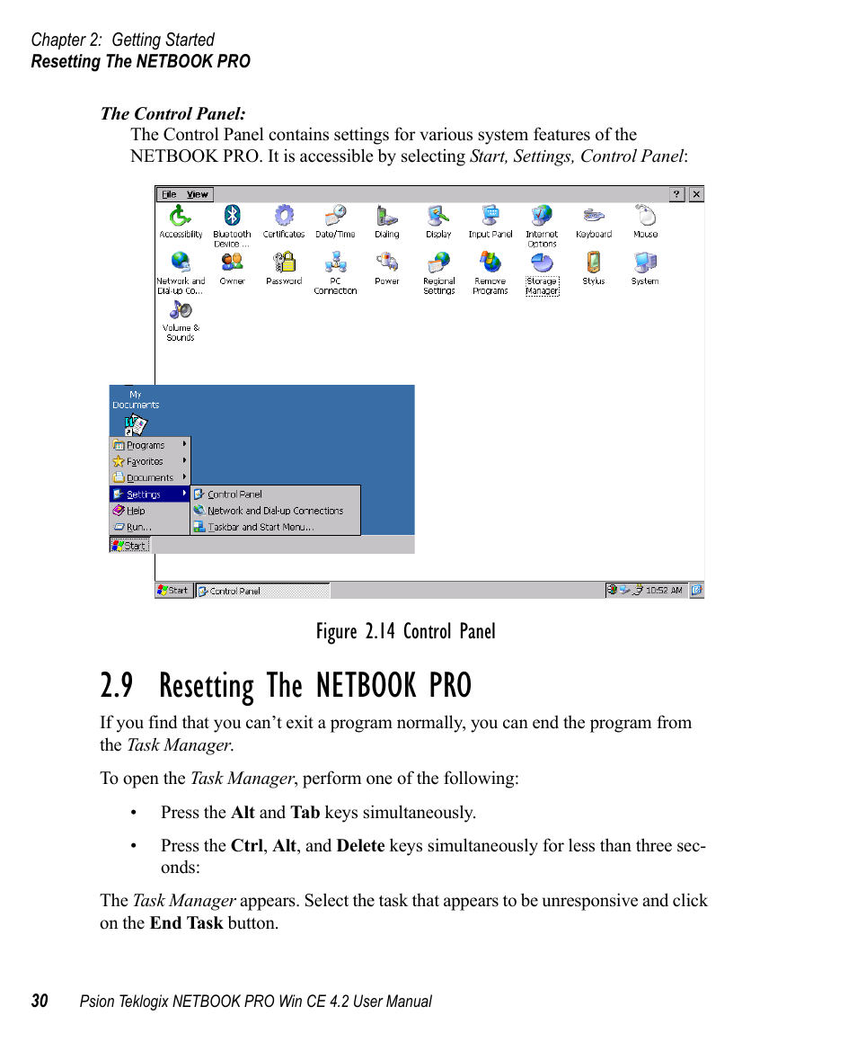 9 resetting the netbook pro, Resetting the netbook pro, Figure 2.14 control panel | Psion Teklogix Win CE 4.2 User Manual | Page 48 / 152