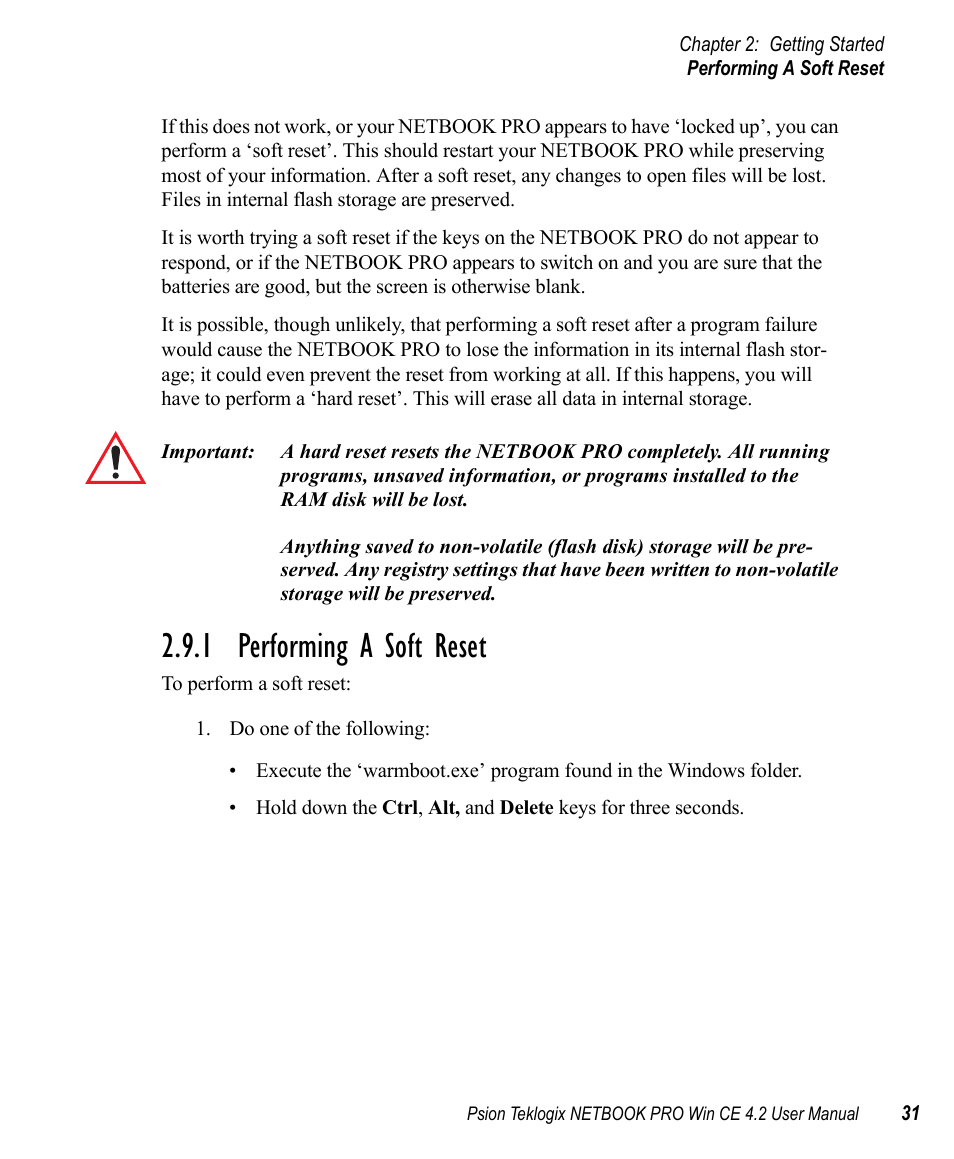 1 performing a soft reset, Performing a soft reset | Psion Teklogix Win CE 4.2 User Manual | Page 49 / 152