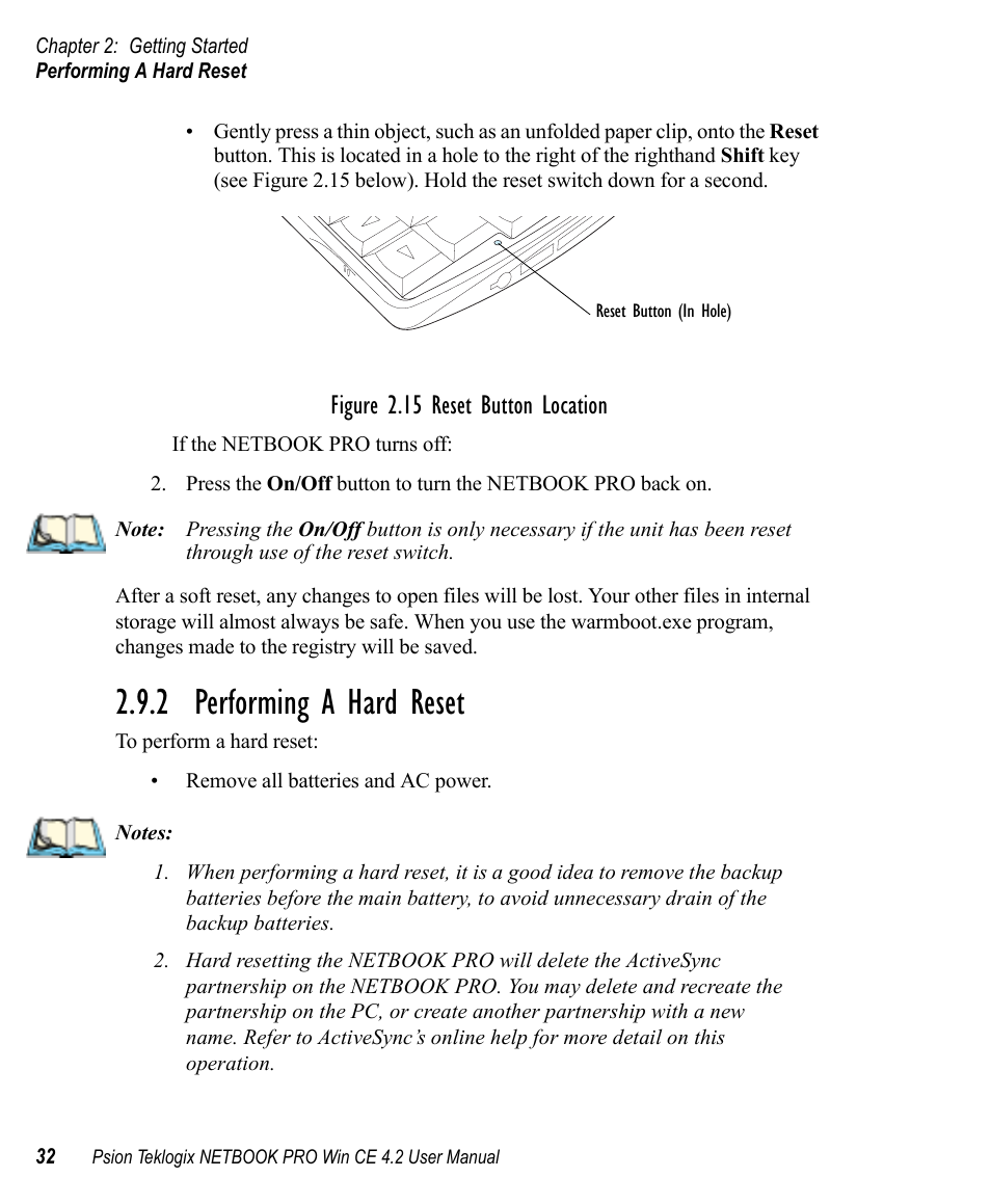 2 performing a hard reset, Performing a hard reset, Figure 2.15 reset button location | Psion Teklogix Win CE 4.2 User Manual | Page 50 / 152