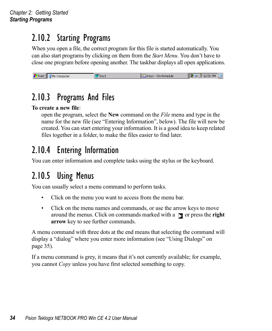 2 starting programs, 3 programs and files, 4 entering information | 5 using menus | Psion Teklogix Win CE 4.2 User Manual | Page 52 / 152