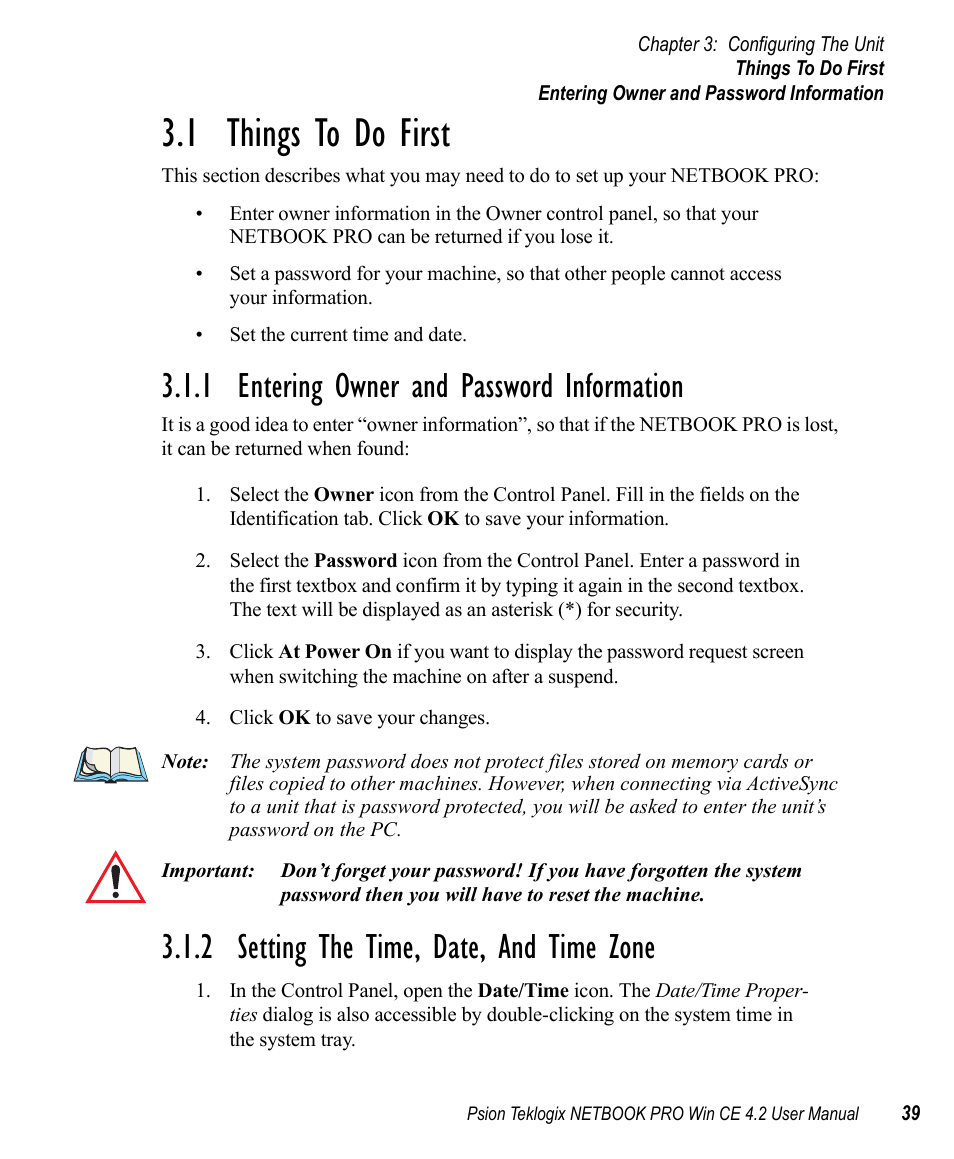 1 things to do first, 1 entering owner and password information, 2 setting the time, date, and time zone | Things to do first, Entering owner and password information, Setting the time, date, and time zone | Psion Teklogix Win CE 4.2 User Manual | Page 57 / 152