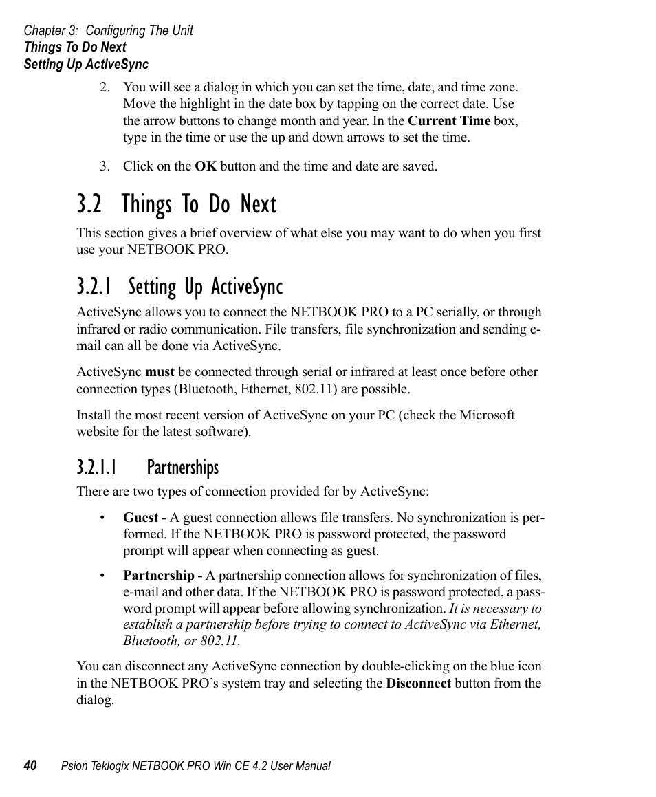 2 things to do next, 1 setting up activesync, 1 partnerships | Things to do next, Setting up activesync | Psion Teklogix Win CE 4.2 User Manual | Page 58 / 152