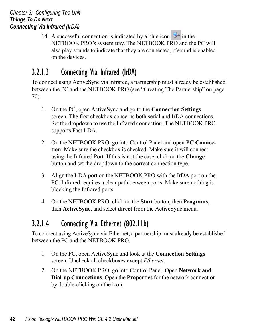 3 connecting via infrared (irda), 4 connecting via ethernet (802.11b) | Psion Teklogix Win CE 4.2 User Manual | Page 60 / 152