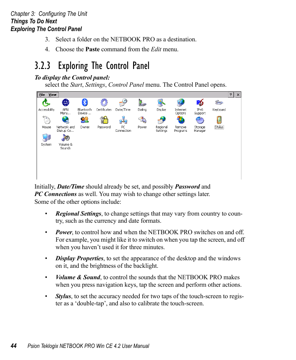 3 exploring the control panel, Exploring the control panel | Psion Teklogix Win CE 4.2 User Manual | Page 62 / 152