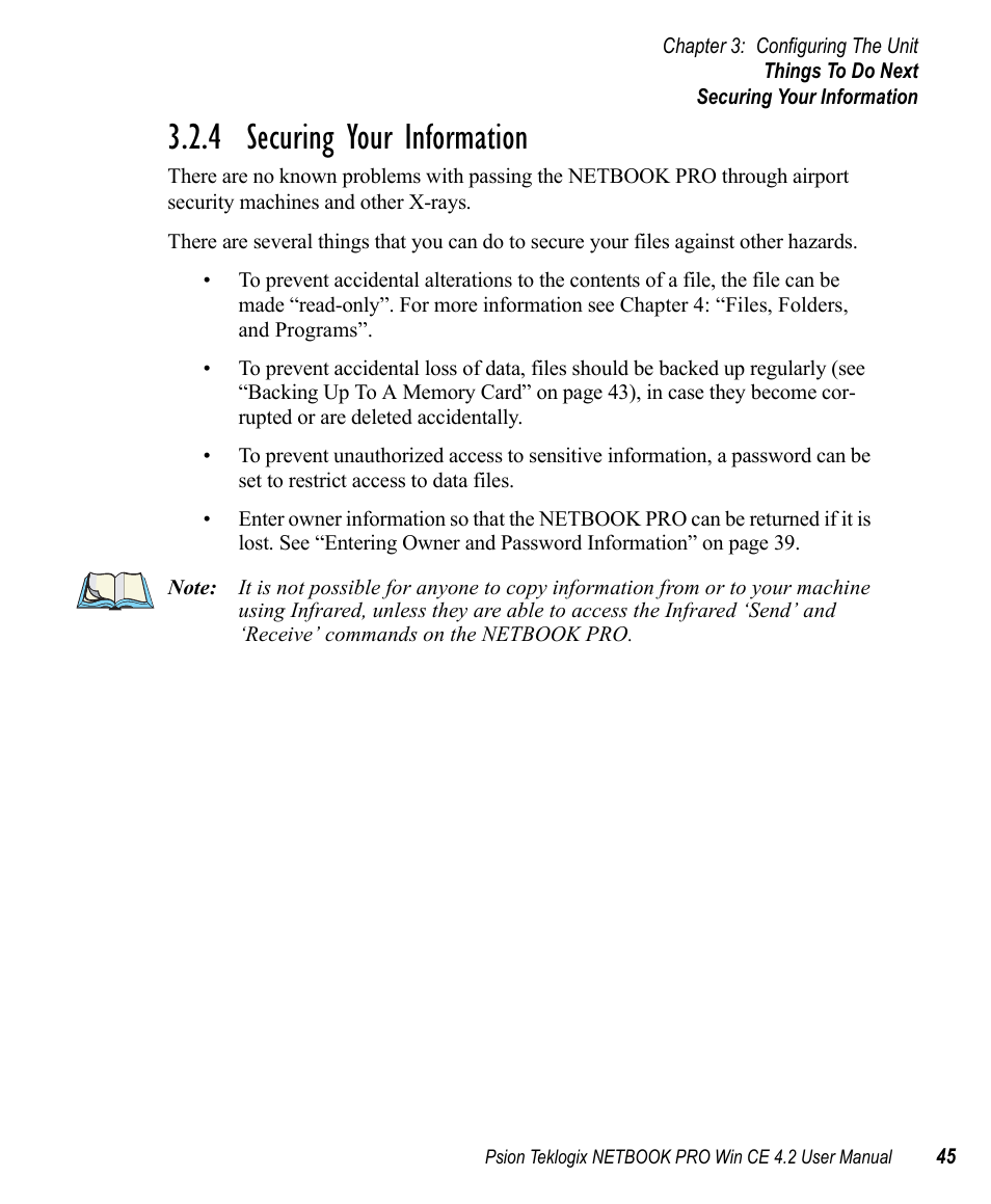 4 securing your information, Securing your information | Psion Teklogix Win CE 4.2 User Manual | Page 63 / 152