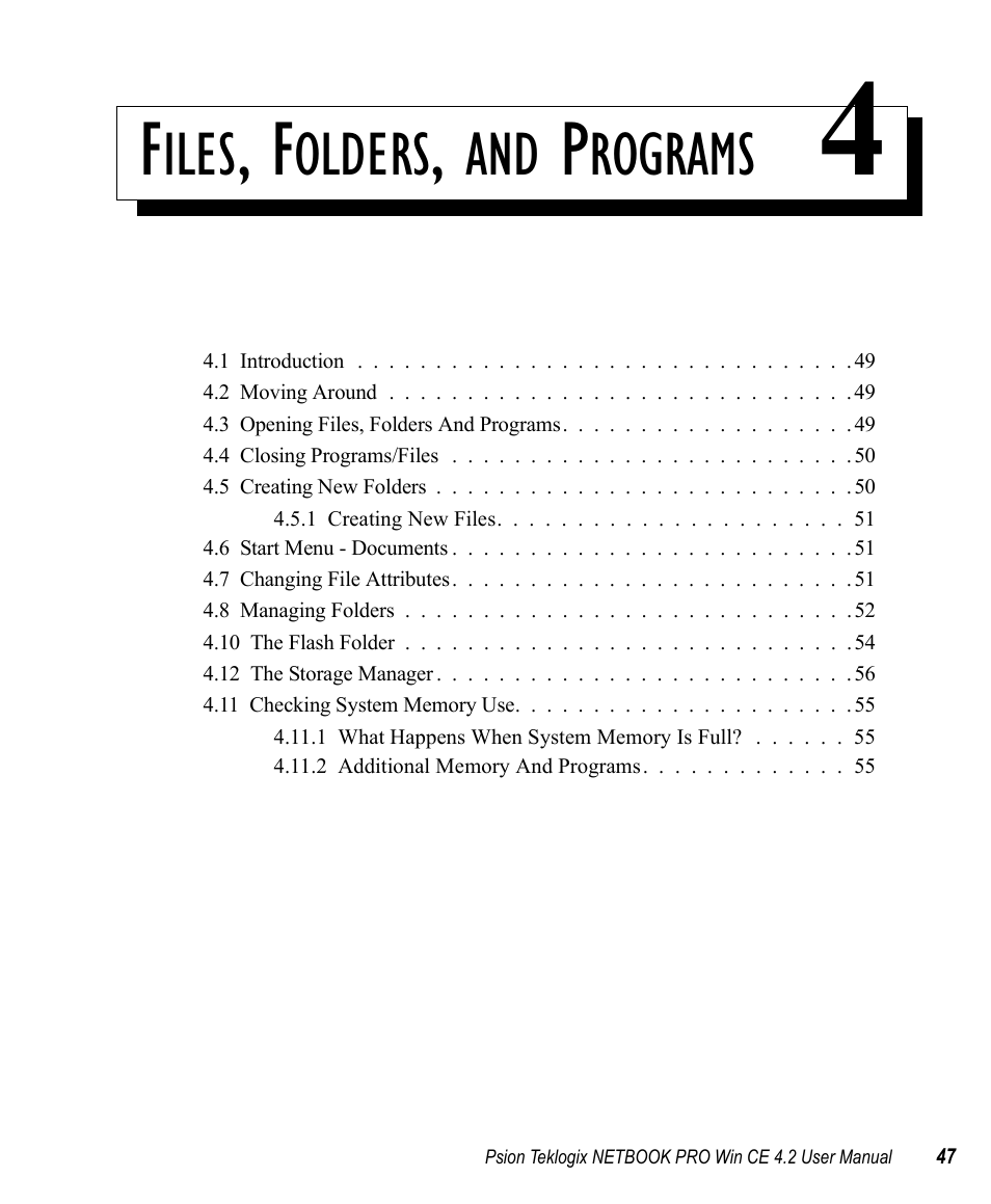 Files, folders, and programs 4, Chapter 4: files, folders, and programs, Iles | Olders, Rograms | Psion Teklogix Win CE 4.2 User Manual | Page 65 / 152