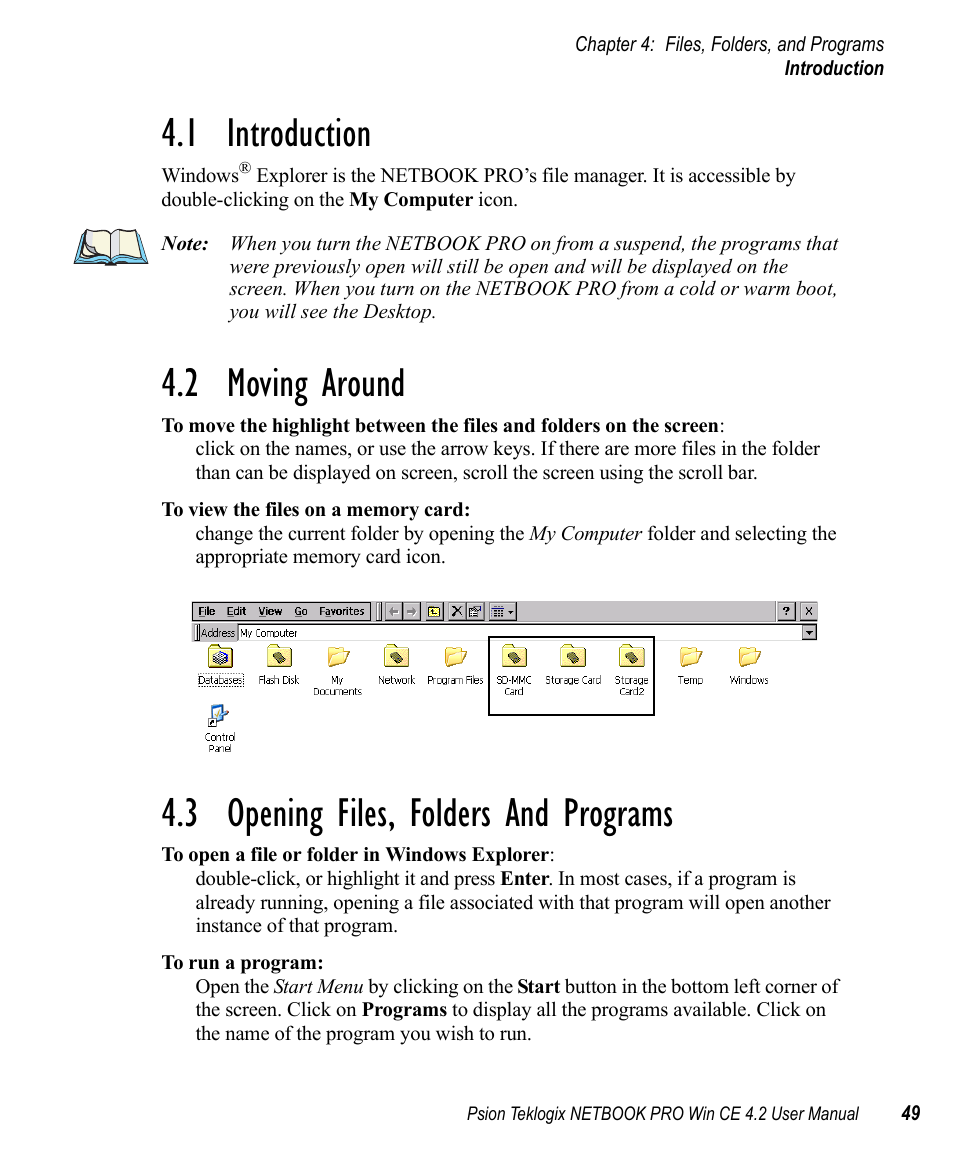 1 introduction, 2 moving around, 3 opening files, folders and programs | Introduction, Moving around, Opening files, folders and programs | Psion Teklogix Win CE 4.2 User Manual | Page 67 / 152