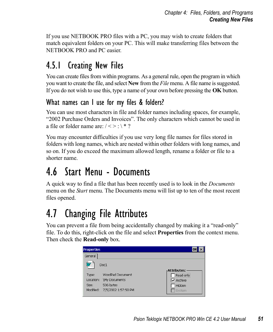 1 creating new files, 6 start menu - documents, 7 changing file attributes | Creating new files, Start menu - documents, Changing file attributes, What names can i use for my files & folders | Psion Teklogix Win CE 4.2 User Manual | Page 69 / 152