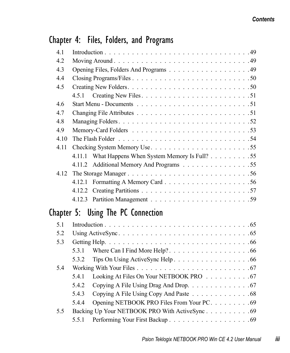 Chapter 4: files, folders, and programs, Chapter 5: using the pc connection | Psion Teklogix Win CE 4.2 User Manual | Page 7 / 152