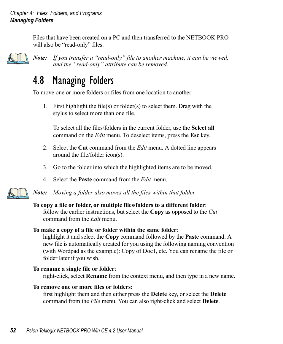 8 managing folders, Managing folders | Psion Teklogix Win CE 4.2 User Manual | Page 70 / 152