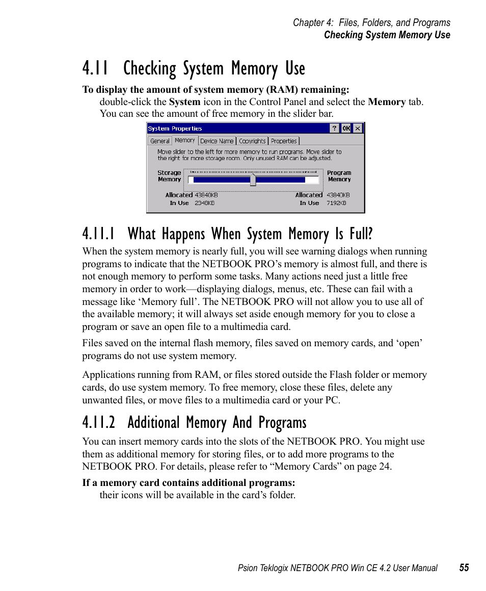 11 checking system memory use, 1 what happens when system memory is full, 2 additional memory and programs | Psion Teklogix Win CE 4.2 User Manual | Page 73 / 152