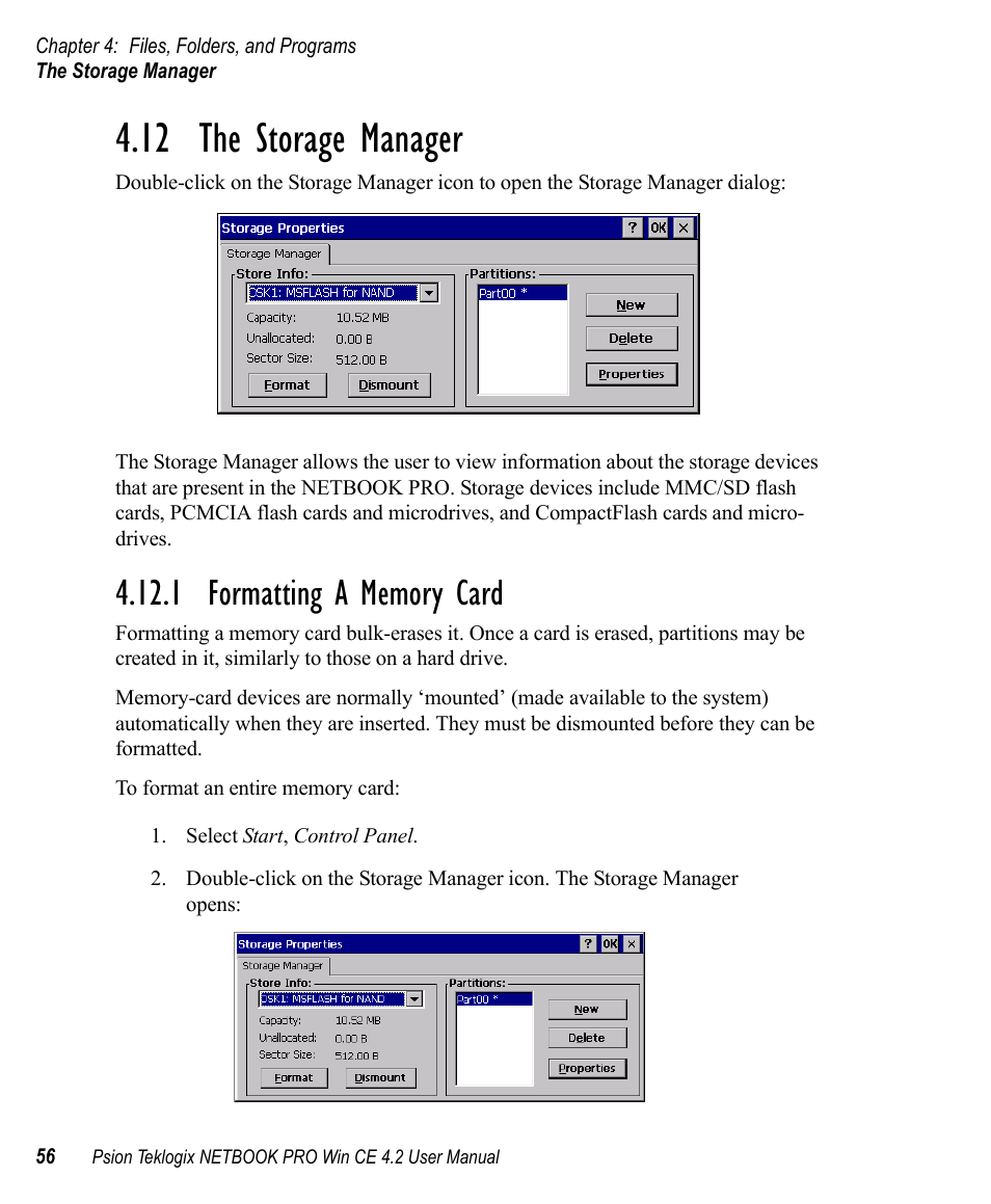 12 the storage manager, 1 formatting a memory card | Psion Teklogix Win CE 4.2 User Manual | Page 74 / 152