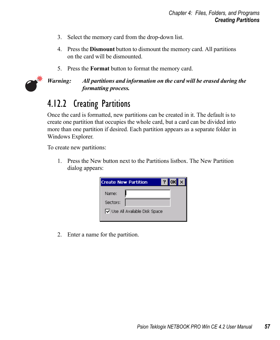 2 creating partitions | Psion Teklogix Win CE 4.2 User Manual | Page 75 / 152