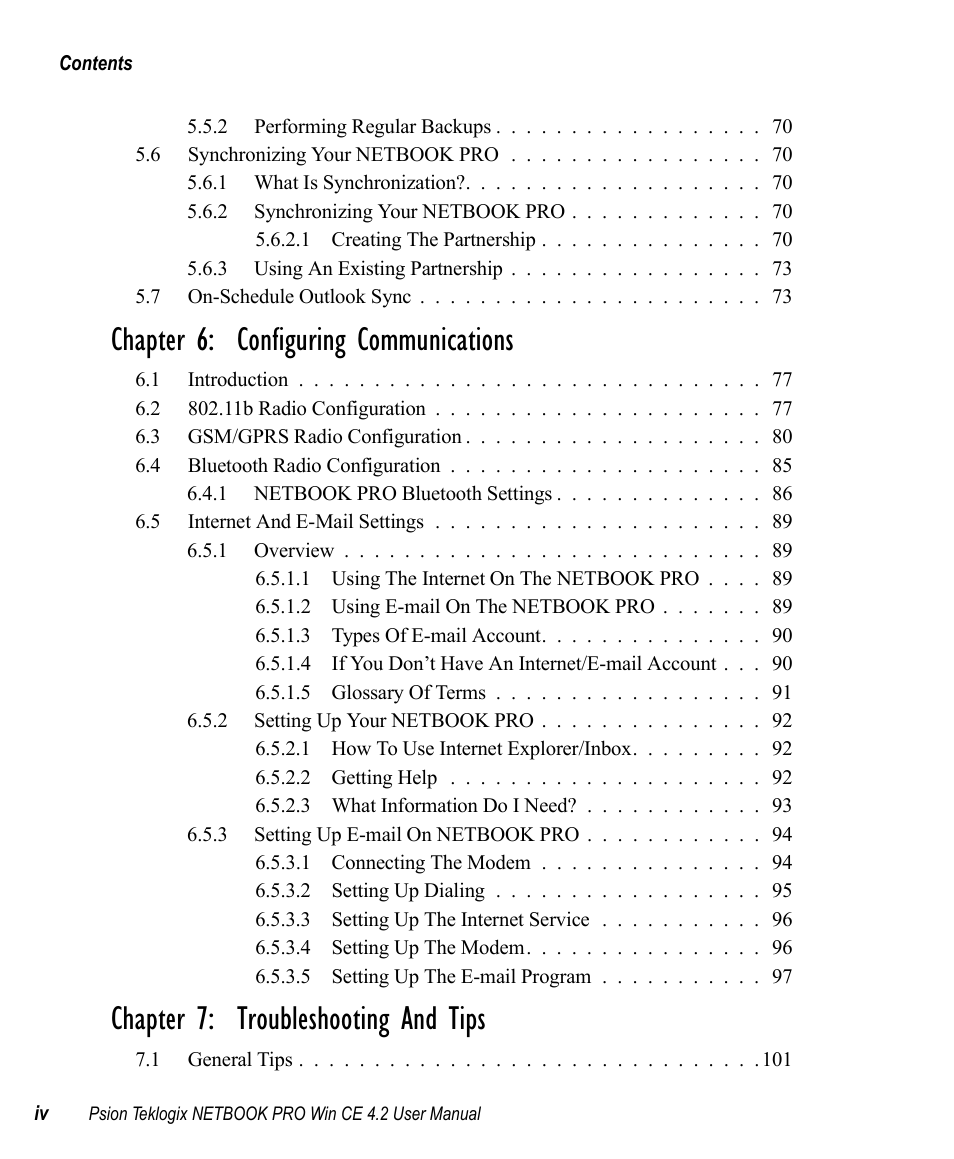 Chapter 6: configuring communications, Chapter 7: troubleshooting and tips | Psion Teklogix Win CE 4.2 User Manual | Page 8 / 152