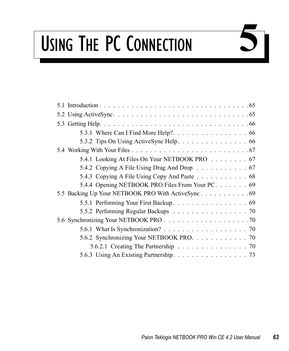 Using the pc connection 5, Chapter 5: using the pc connection, Pc c | Sing, Onnection | Psion Teklogix Win CE 4.2 User Manual | Page 81 / 152