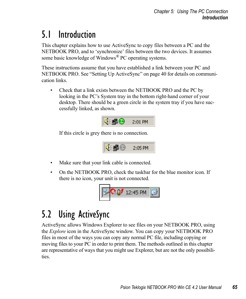 1 introduction, 2 using activesync, Introduction | Using activesync, 1 introduction 5.2 using activesync | Psion Teklogix Win CE 4.2 User Manual | Page 83 / 152