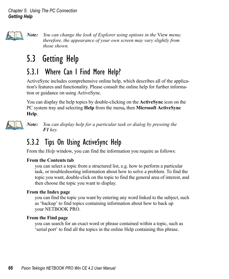 3 getting help, 1 where can i find more help, 2 tips on using activesync help | Getting help, Where can i find more help, Tips on using activesync help | Psion Teklogix Win CE 4.2 User Manual | Page 84 / 152