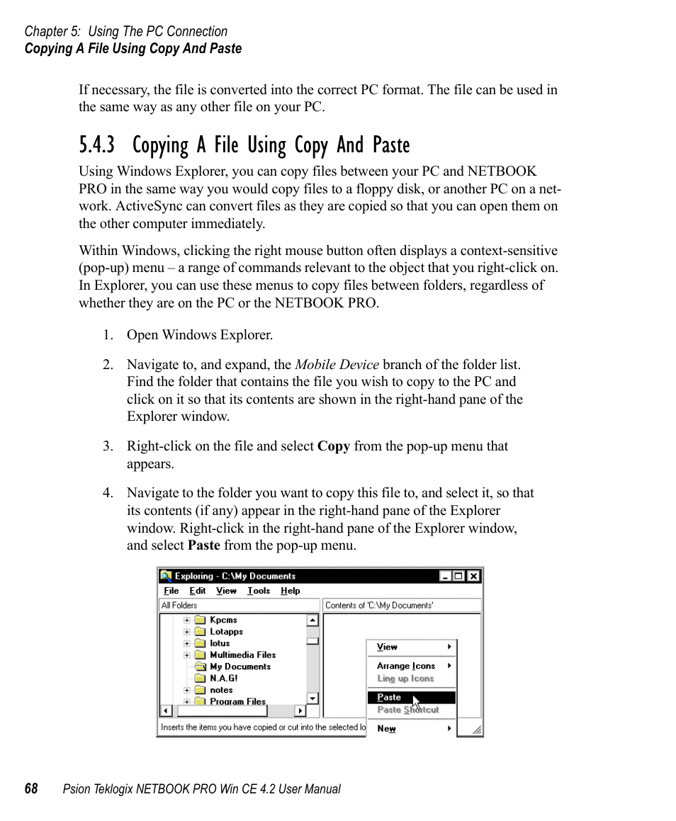 3 copying a file using copy and paste, Copying a file using copy and paste | Psion Teklogix Win CE 4.2 User Manual | Page 86 / 152