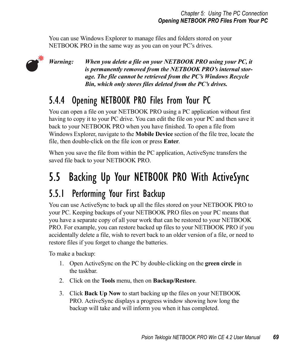 4 opening netbook pro files from your pc, 5 backing up your netbook pro with activesync, 1 performing your first backup | Opening netbook pro files from your pc, Backing up your netbook pro with activesync, Performing your first backup | Psion Teklogix Win CE 4.2 User Manual | Page 87 / 152