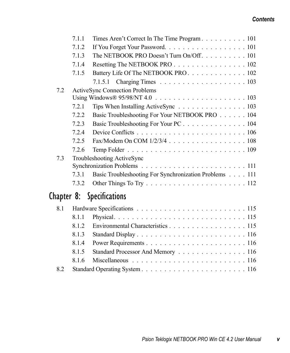 Chapter 8: specifications | Psion Teklogix Win CE 4.2 User Manual | Page 9 / 152