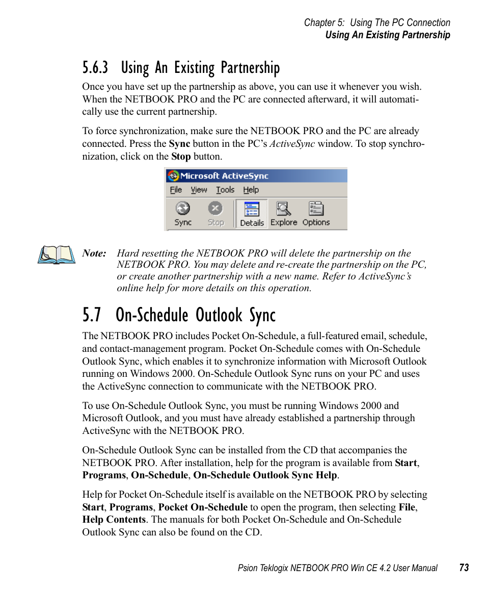 3 using an existing partnership, 7 on-schedule outlook sync, Using an existing partnership | On-schedule outlook sync | Psion Teklogix Win CE 4.2 User Manual | Page 91 / 152