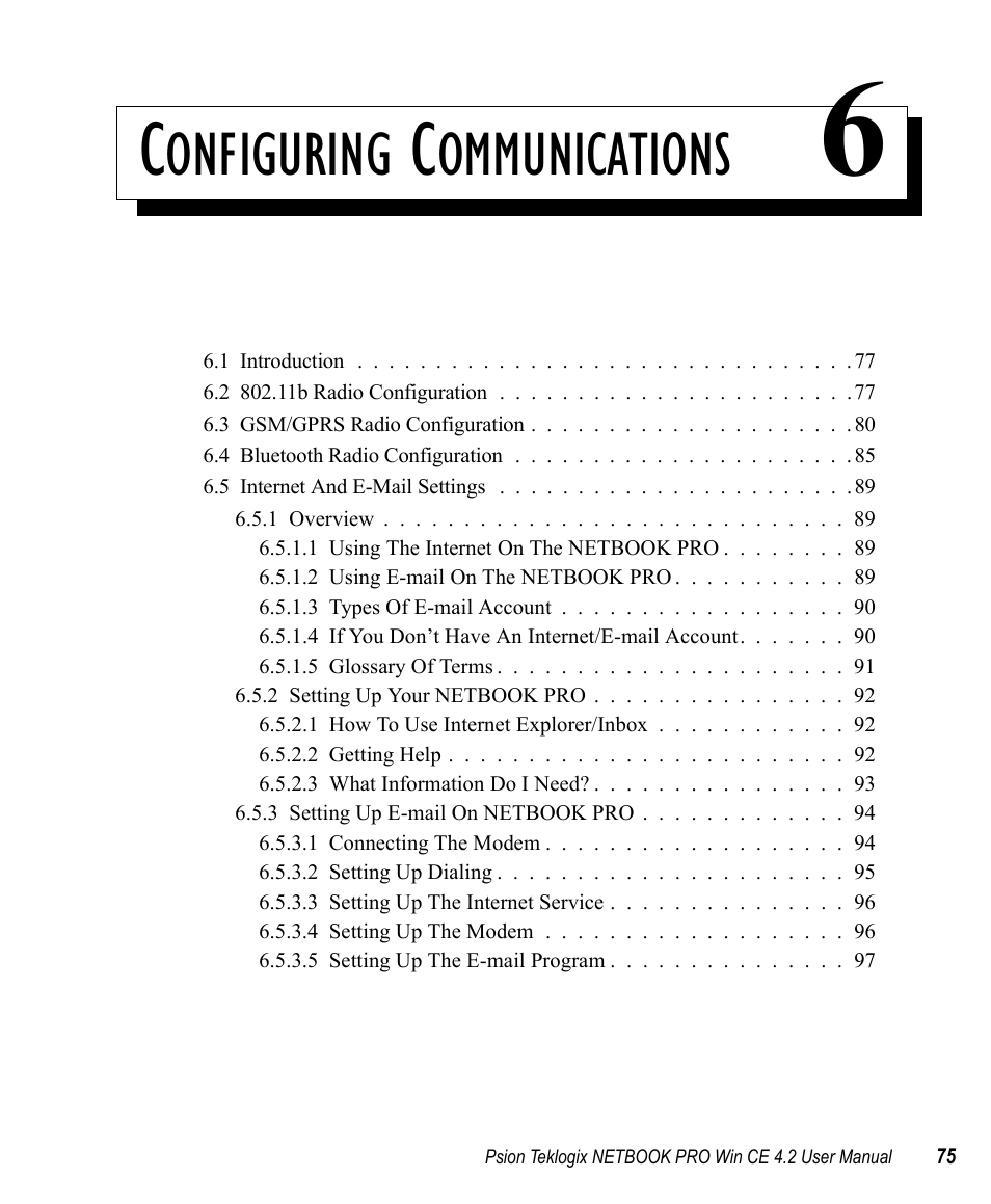 Configuring communications 6, Chapter 6: configuring communications, Onfiguring | Ommunications | Psion Teklogix Win CE 4.2 User Manual | Page 93 / 152