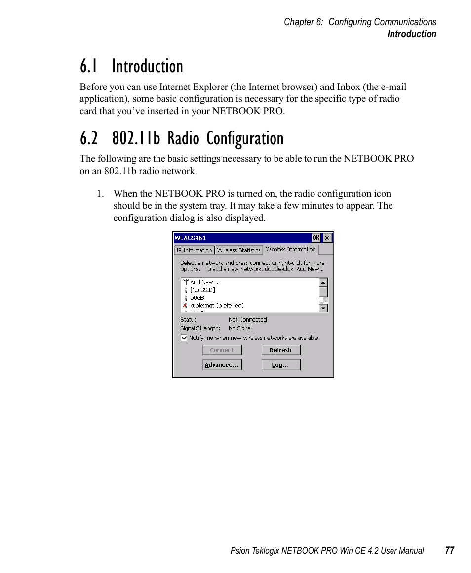 1 introduction, 2 802.11b radio configuration, Introduction | 11b radio configuration, 1 introduction 6.2 802.11b radio configuration | Psion Teklogix Win CE 4.2 User Manual | Page 95 / 152