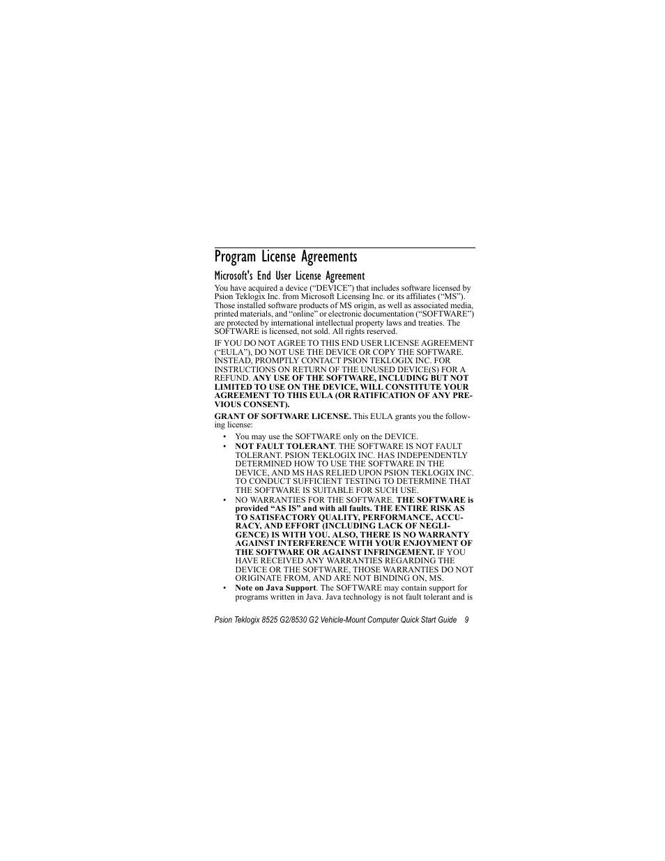 Program license agreements, Microsoft's end user license agreement | Psion Teklogix Vehicle-Mount Computer 8530 G2 User Manual | Page 15 / 60