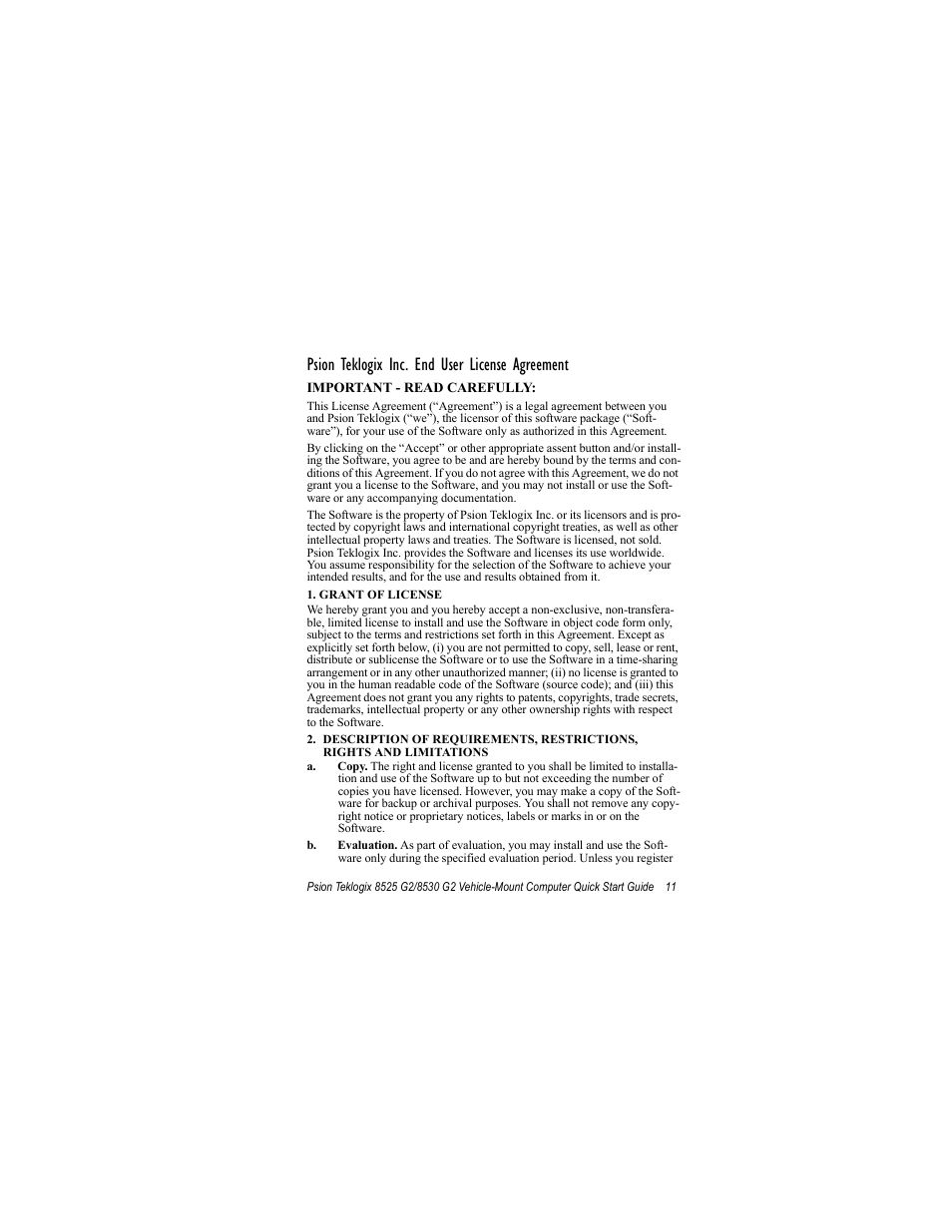 Psion teklogix inc. end user license agreement | Psion Teklogix Vehicle-Mount Computer 8530 G2 User Manual | Page 17 / 60