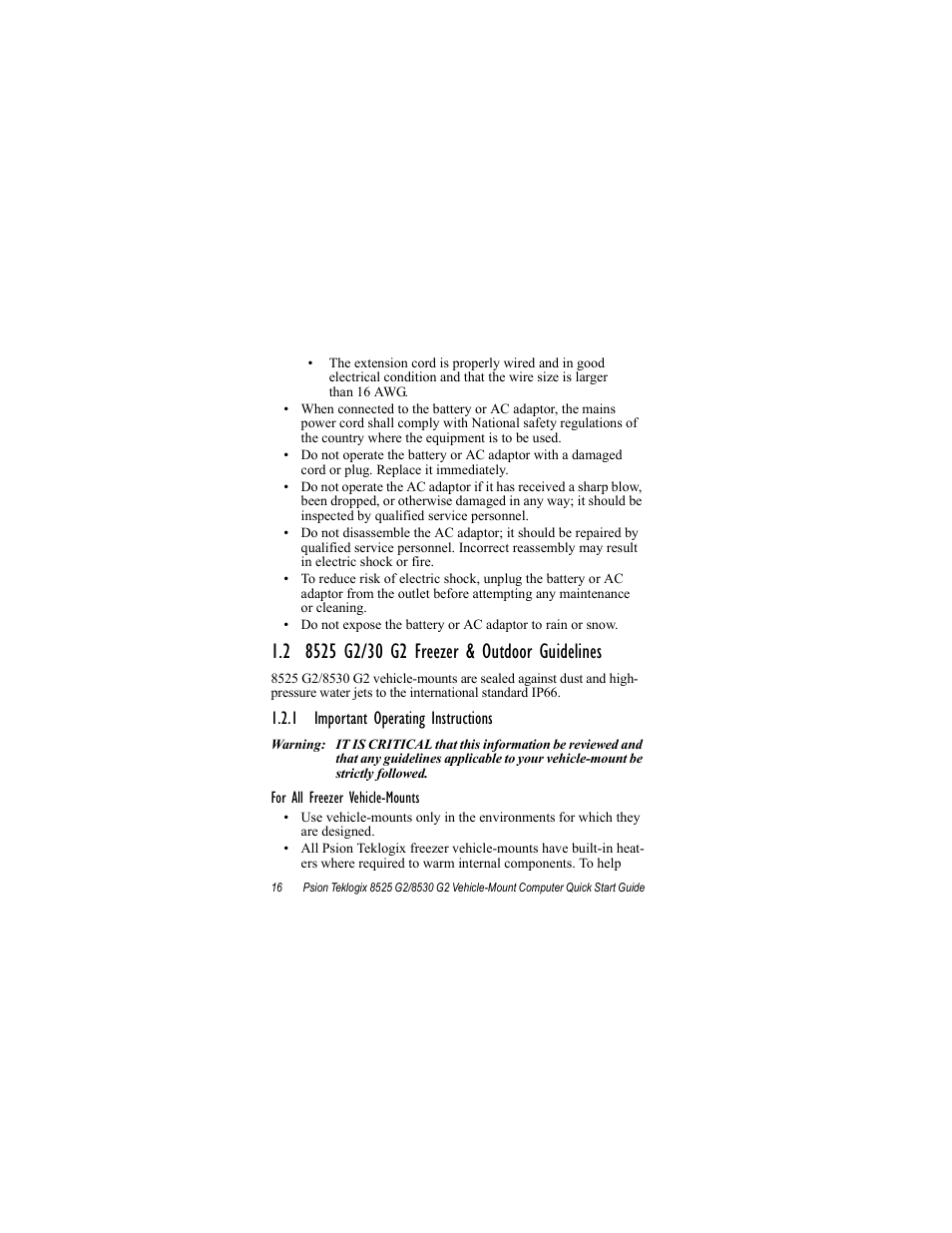 2 8525 g2/30 g2 freezer & outdoor guidelines, 1 important operating instructions | Psion Teklogix Vehicle-Mount Computer 8530 G2 User Manual | Page 22 / 60