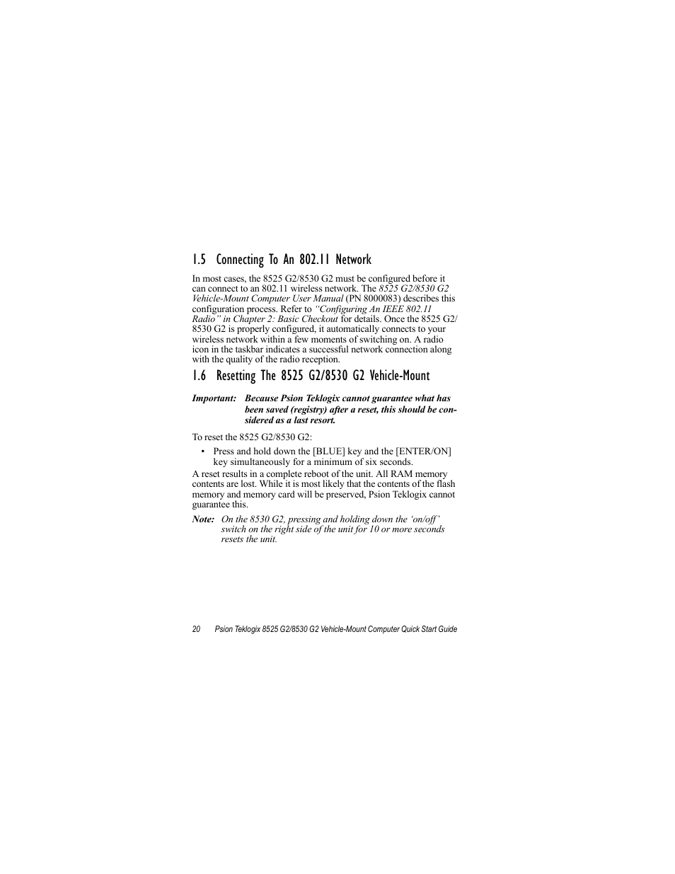 5 connecting to an 802.11 network, 6 resetting the 8525 g2/8530 g2 vehicle-mount | Psion Teklogix Vehicle-Mount Computer 8530 G2 User Manual | Page 26 / 60