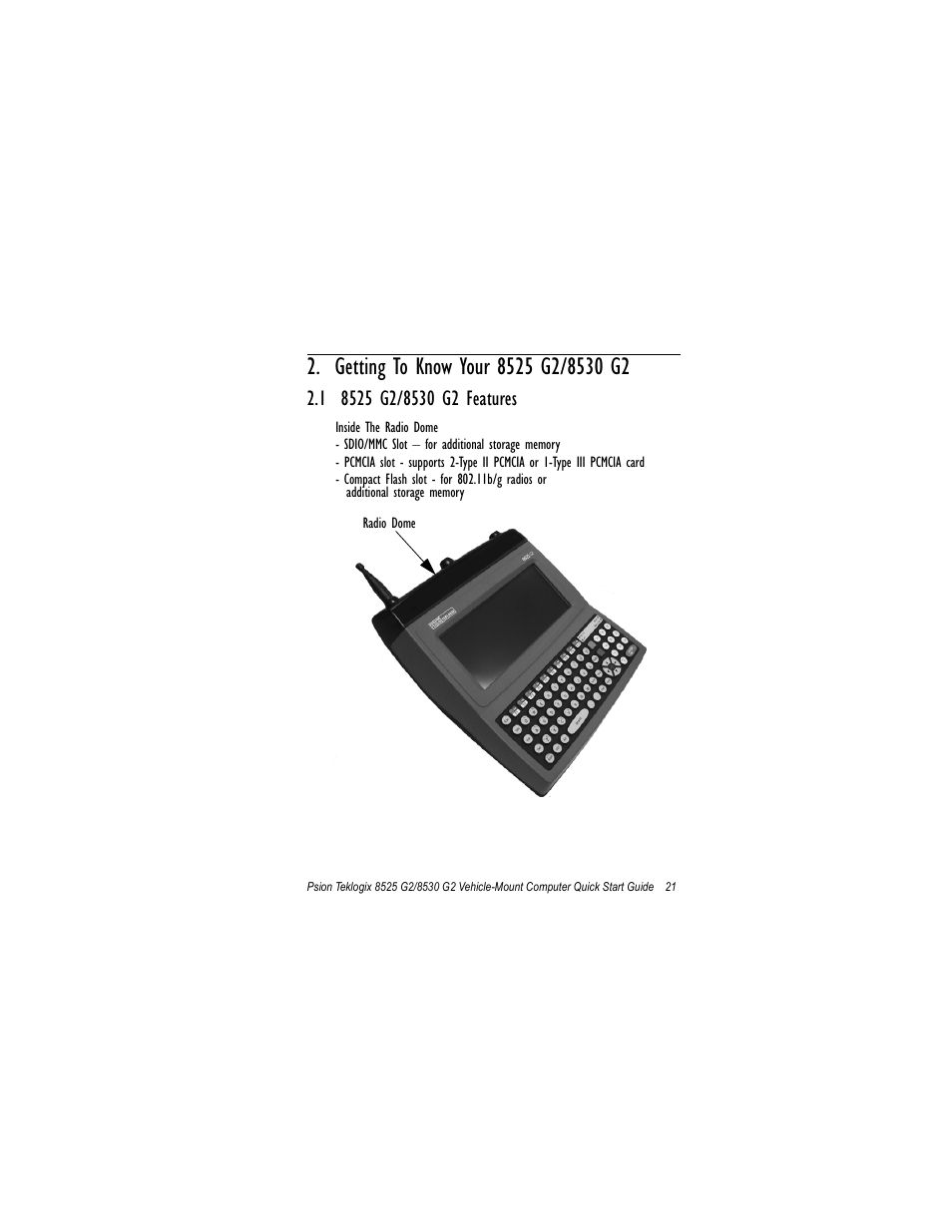 Getting to know your 8525 g2/8530 g2, 1 8525 g2/8530 g2 features | Psion Teklogix Vehicle-Mount Computer 8530 G2 User Manual | Page 27 / 60