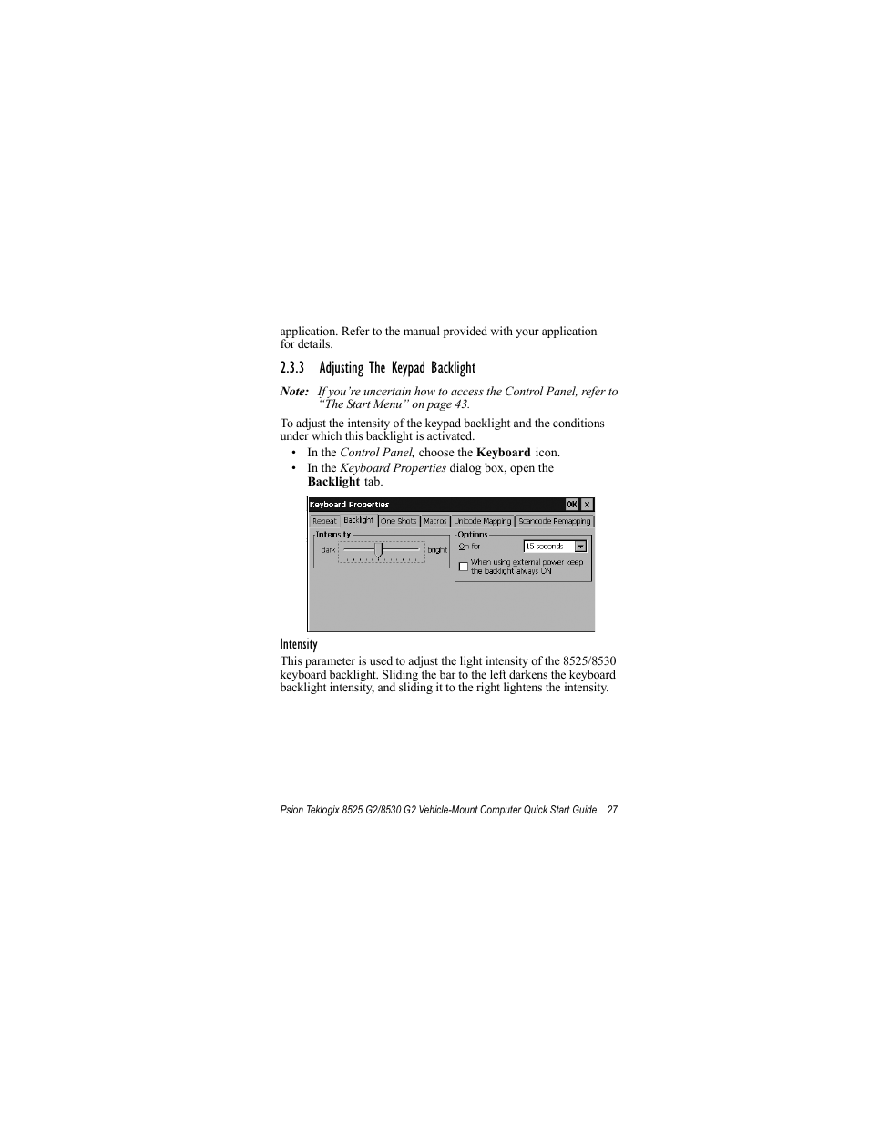 3 adjusting the keypad backlight | Psion Teklogix Vehicle-Mount Computer 8530 G2 User Manual | Page 33 / 60