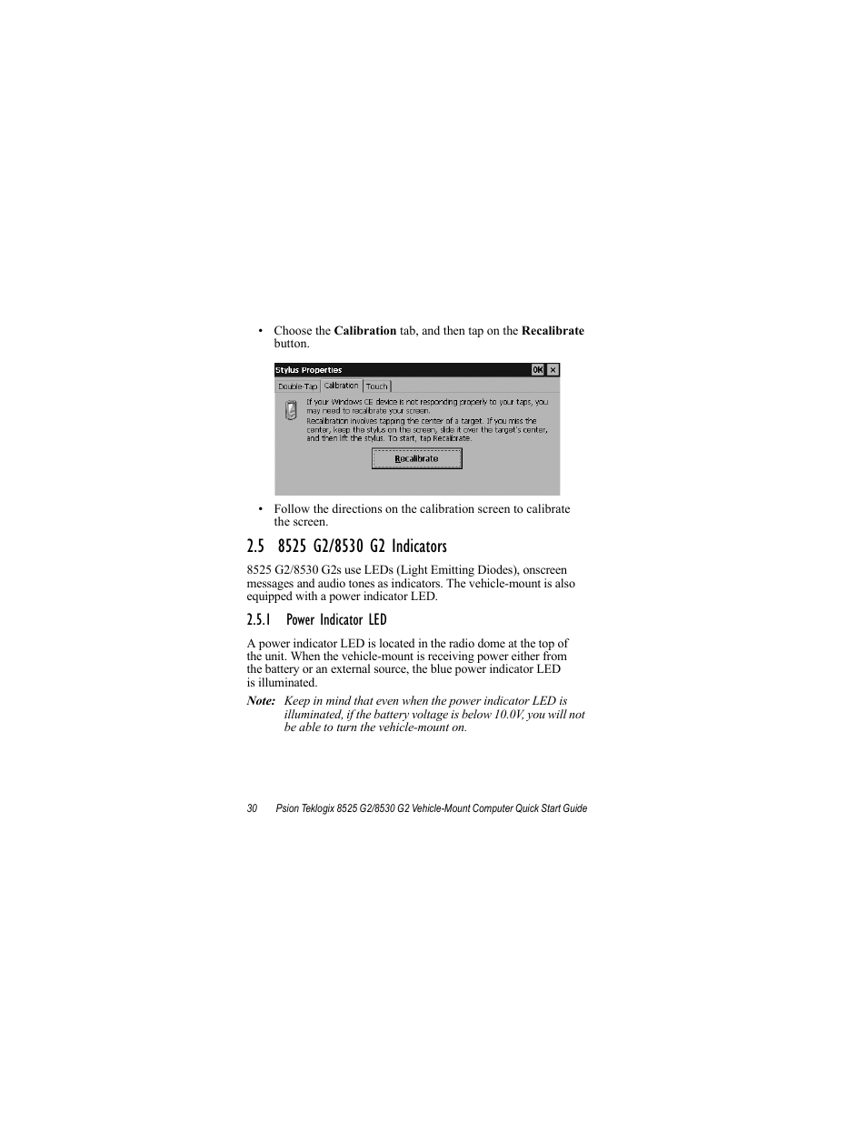 5 8525 g2/8530 g2 indicators, 1 power indicator led | Psion Teklogix Vehicle-Mount Computer 8530 G2 User Manual | Page 36 / 60