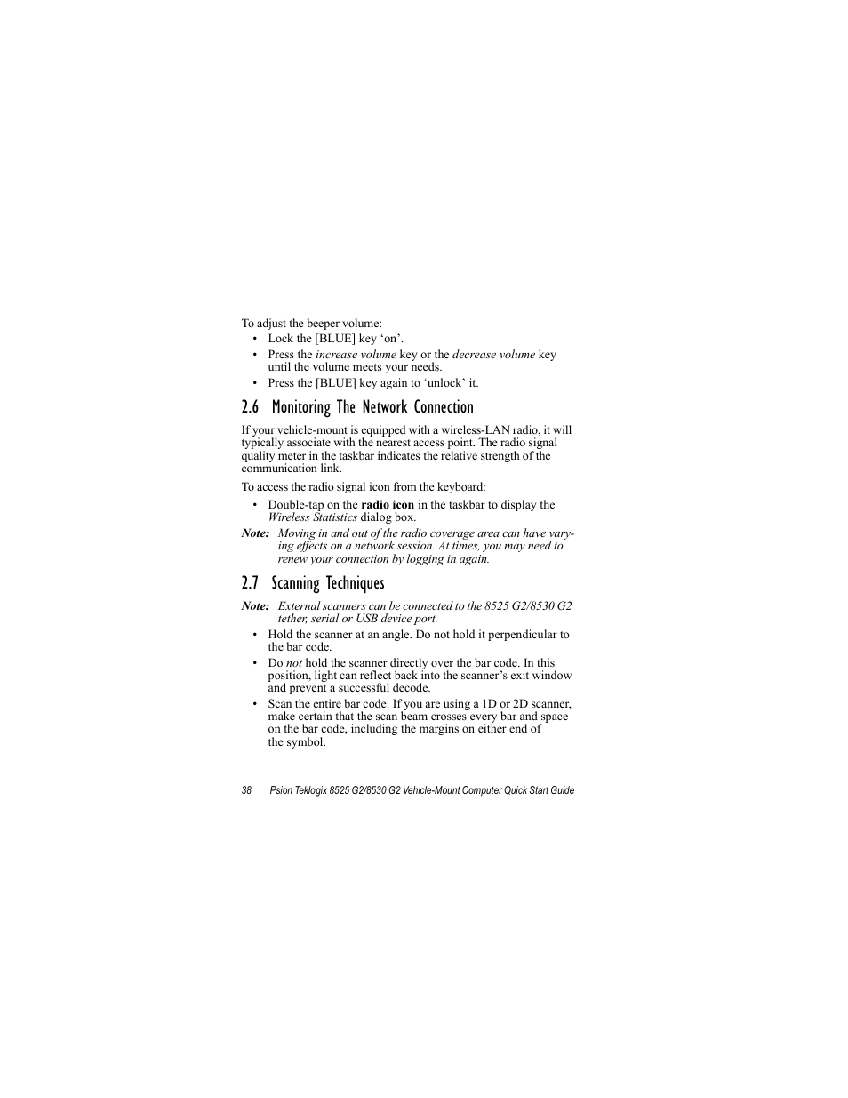 6 monitoring the network connection, 7 scanning techniques | Psion Teklogix Vehicle-Mount Computer 8530 G2 User Manual | Page 44 / 60