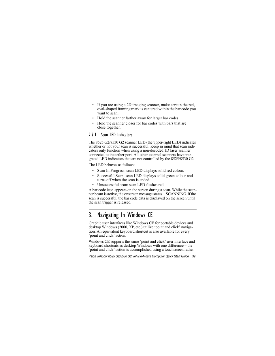 1 scan led indicators, Navigating in windows ce | Psion Teklogix Vehicle-Mount Computer 8530 G2 User Manual | Page 45 / 60