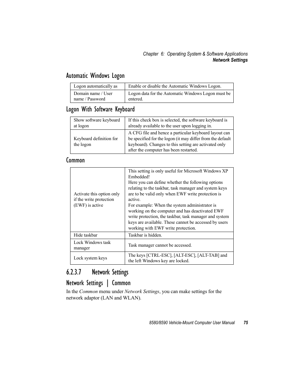 7 network settings, Network settings | common | Psion Teklogix Vehicle-Mount Computer 8590 User Manual | Page 101 / 212