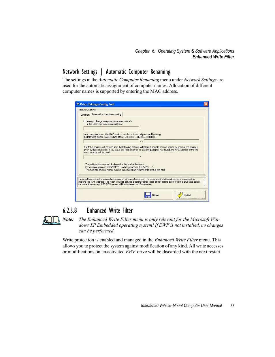 8 enhanced write filter, Network settings | automatic computer renaming | Psion Teklogix Vehicle-Mount Computer 8590 User Manual | Page 103 / 212