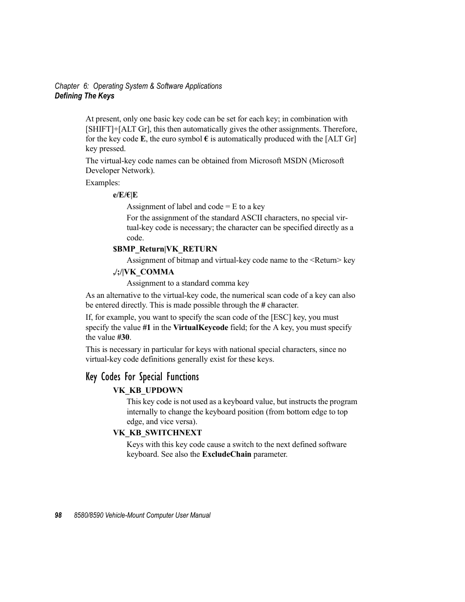 Key codes for special functions | Psion Teklogix Vehicle-Mount Computer 8590 User Manual | Page 124 / 212
