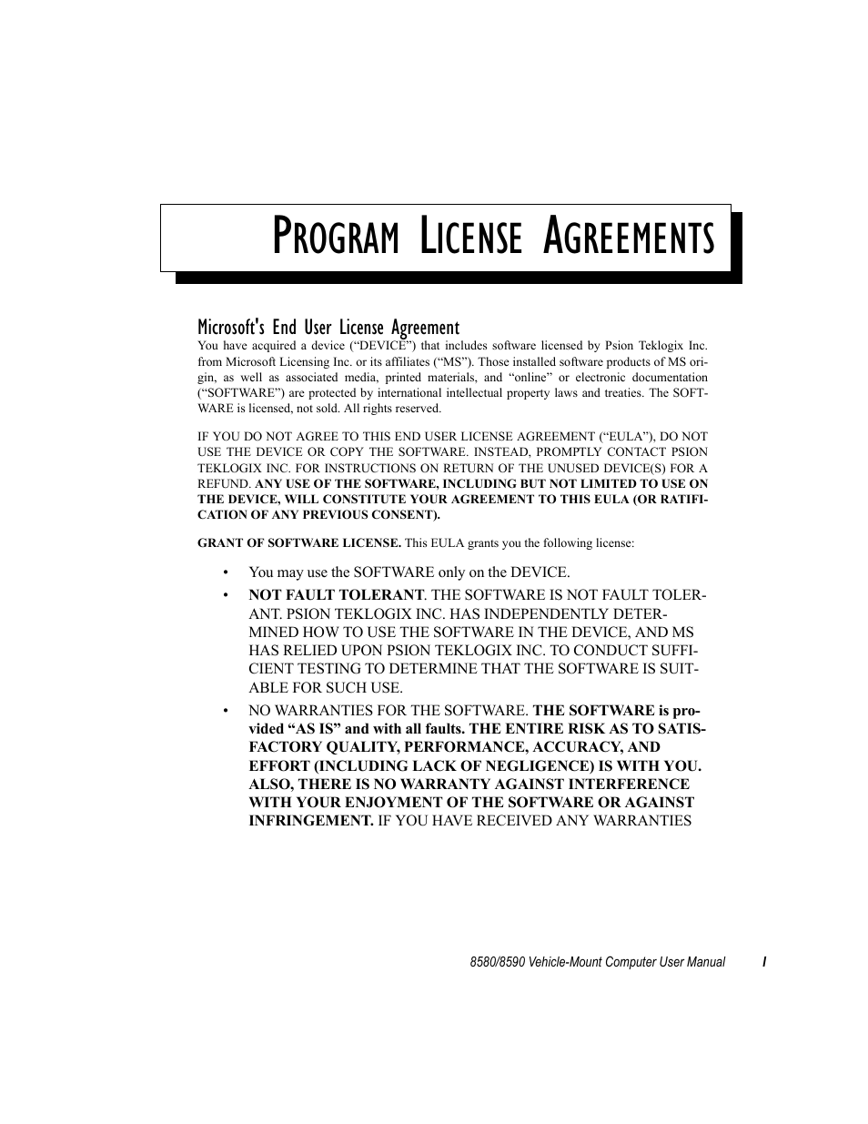 Program license agreements, Rogram, Icense | Greements | Psion Teklogix Vehicle-Mount Computer 8590 User Manual | Page 13 / 212