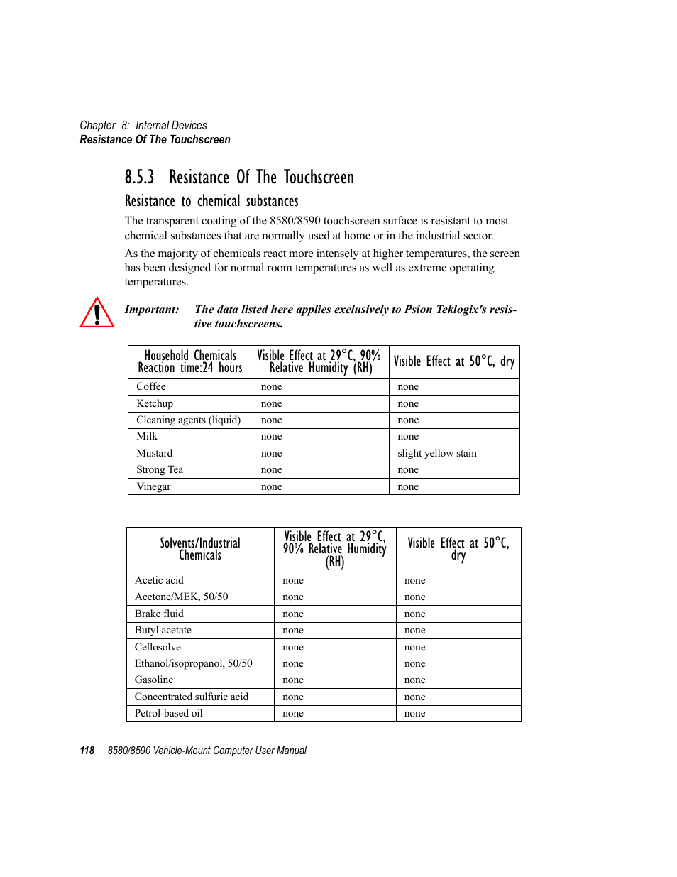 3 resistance of the touchscreen, Resistance to chemical substances | Psion Teklogix Vehicle-Mount Computer 8590 User Manual | Page 144 / 212