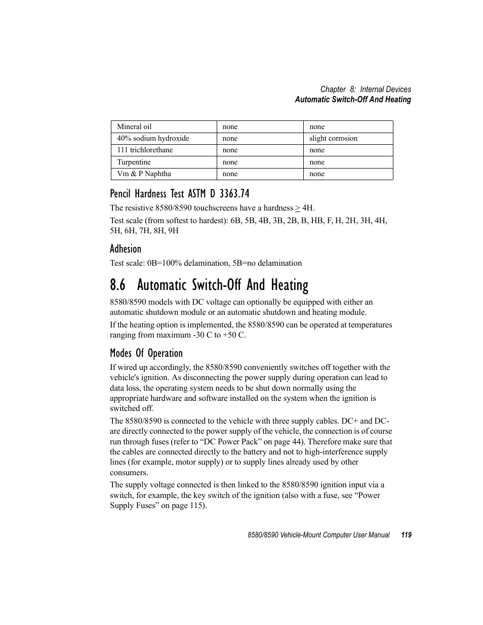 6 automatic switch-off and heating, Adhesion, Modes of operation | Psion Teklogix Vehicle-Mount Computer 8590 User Manual | Page 145 / 212