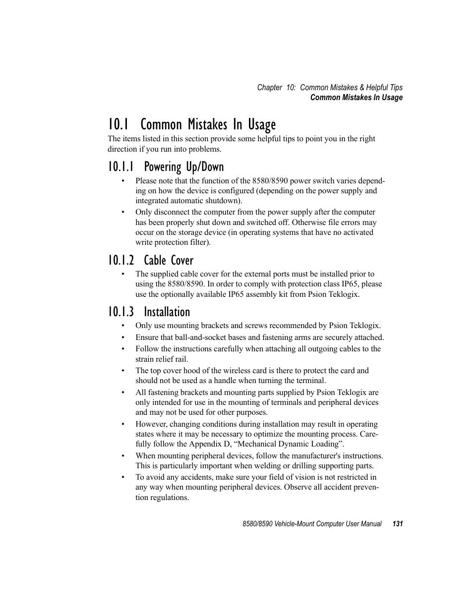 1 common mistakes in usage, 1 powering up/down, 2 cable cover | 3 installation | Psion Teklogix Vehicle-Mount Computer 8590 User Manual | Page 157 / 212